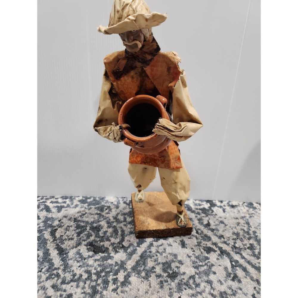 Vintage Mexican Folk Art Paper Mache Bark Cloth Man with Clay Pot Figurine 12.5"